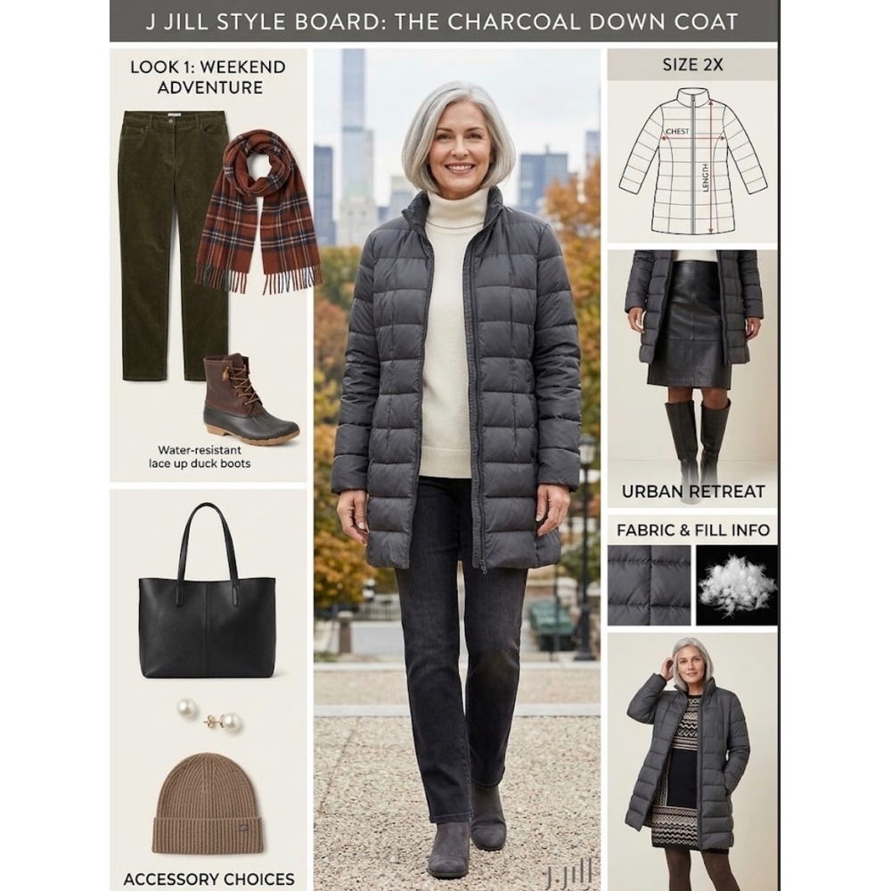 J. Jill Womens 2X Charcoal Grey Down filled Puffer Coat Quilted Mid Length